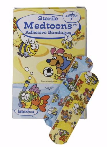 Picture of Medline Medtoons Sterile Adhesive Bandages - 50 Count, 3/4" x 3", Dispenser (24 Units)