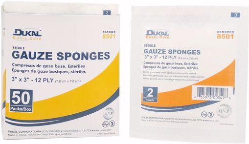 Picture of Dukal Basic Care 3" x 3" Sterile Gauze Sponge - 12 Ply, 2 Pack, 50 Count (24 Units)