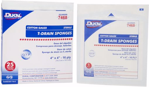 Picture of Dukal Cotton Sterile 4" x 4" T-Drain Sponge - 6 Ply, 25 Count (12 Units)